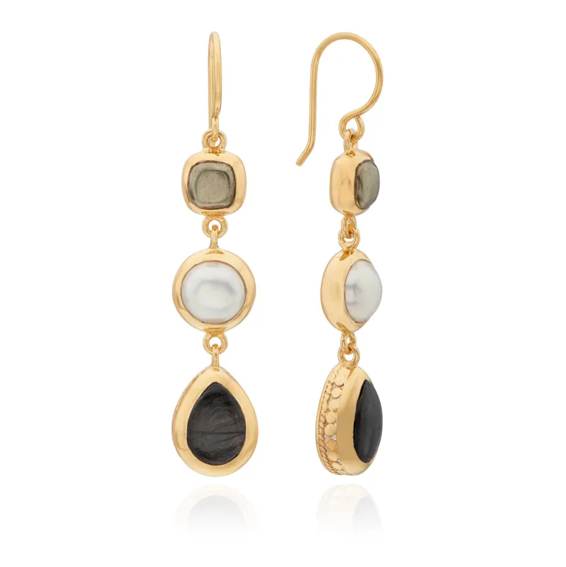 Hypersthene, Pyrite, and Pearl Triple Drop Earrings - Gold sold by Anna Beck