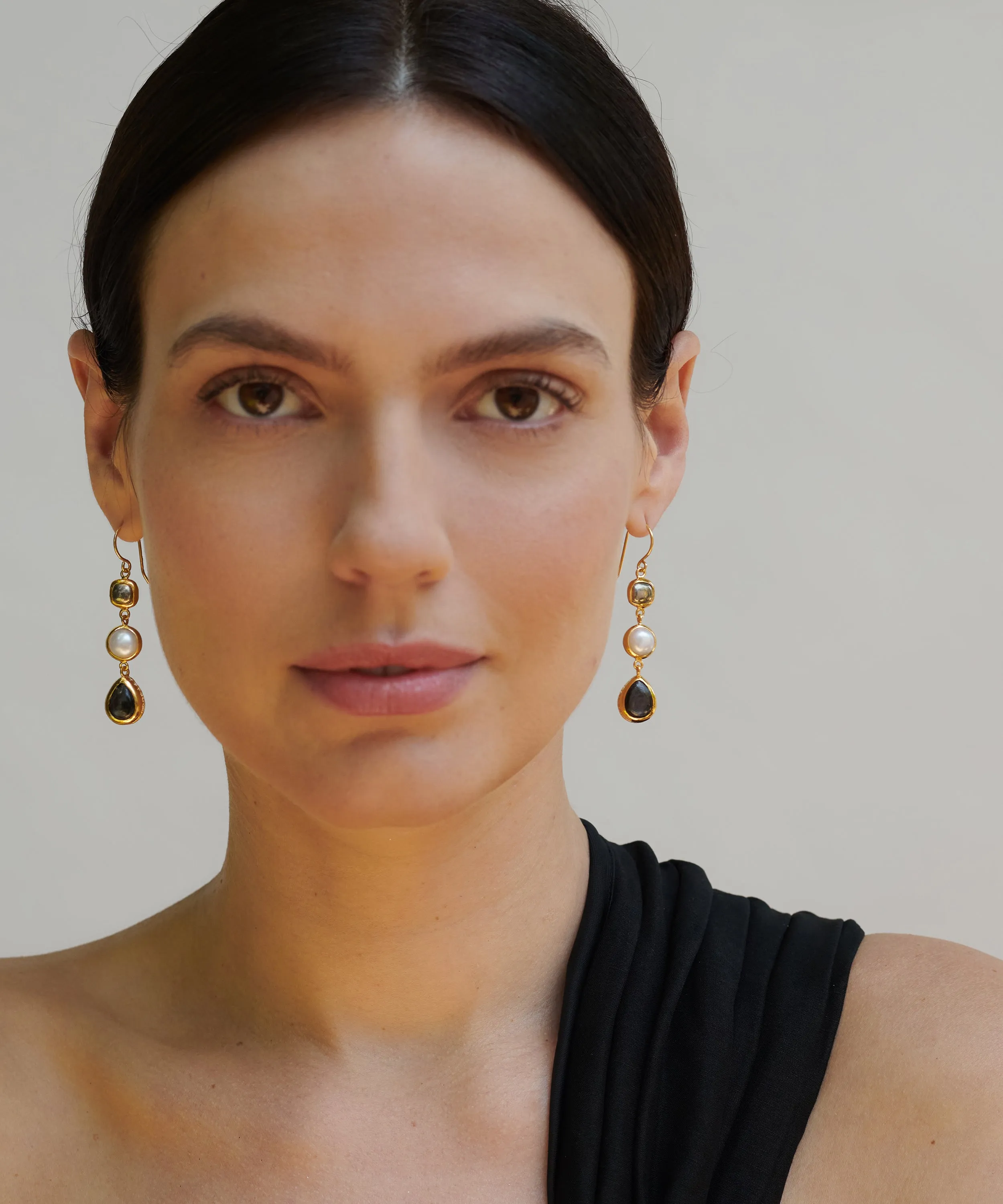 Hypersthene, Pyrite, and Pearl Triple Drop Earrings - Gold sold by Anna Beck product image thumbnail 2