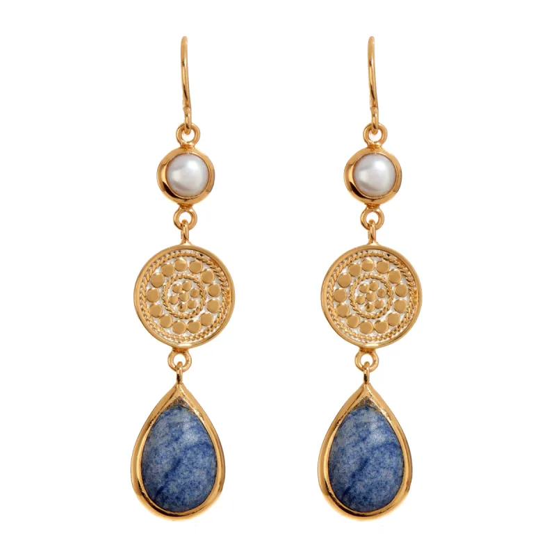 Triple Drop Dumortierite and Pearl Earrings - Gold sold by Anna Beck