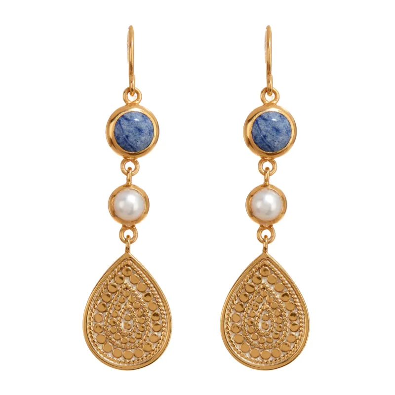 Triple Drop Pearl Dumortierite Earrings - Gold sold by Anna Beck