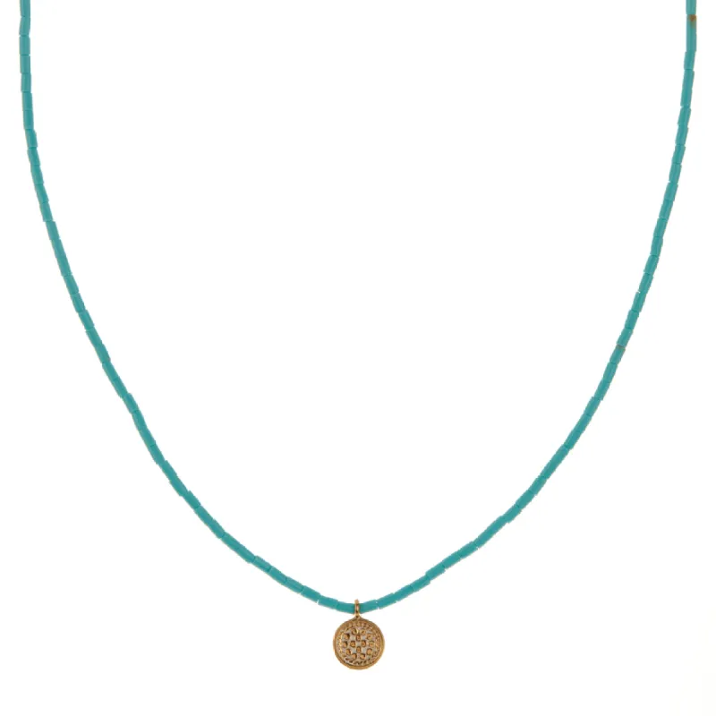 Beaded Turqoise Small Circle Pendant Necklace sold by Anna Beck