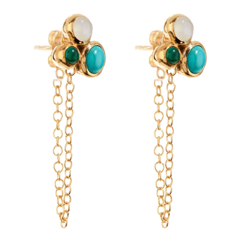 Turquoise, Rainbow Moonstone, and Malachite Cluster Earrings sold by Anna Beck