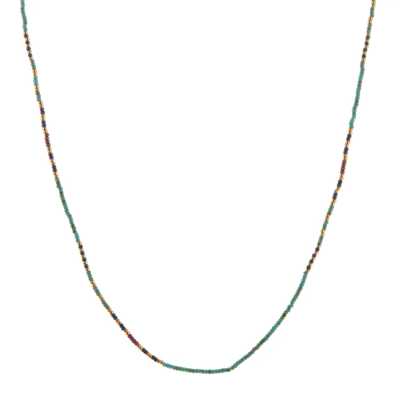 Purple, Dark Blue, Turquoise, and Gold Beaded Necklace sold by Anna Beck