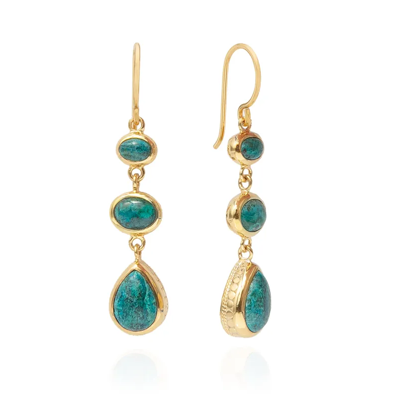 Malachite Chrysocolla Triple Drop Earrings - Gold sold by Anna Beck