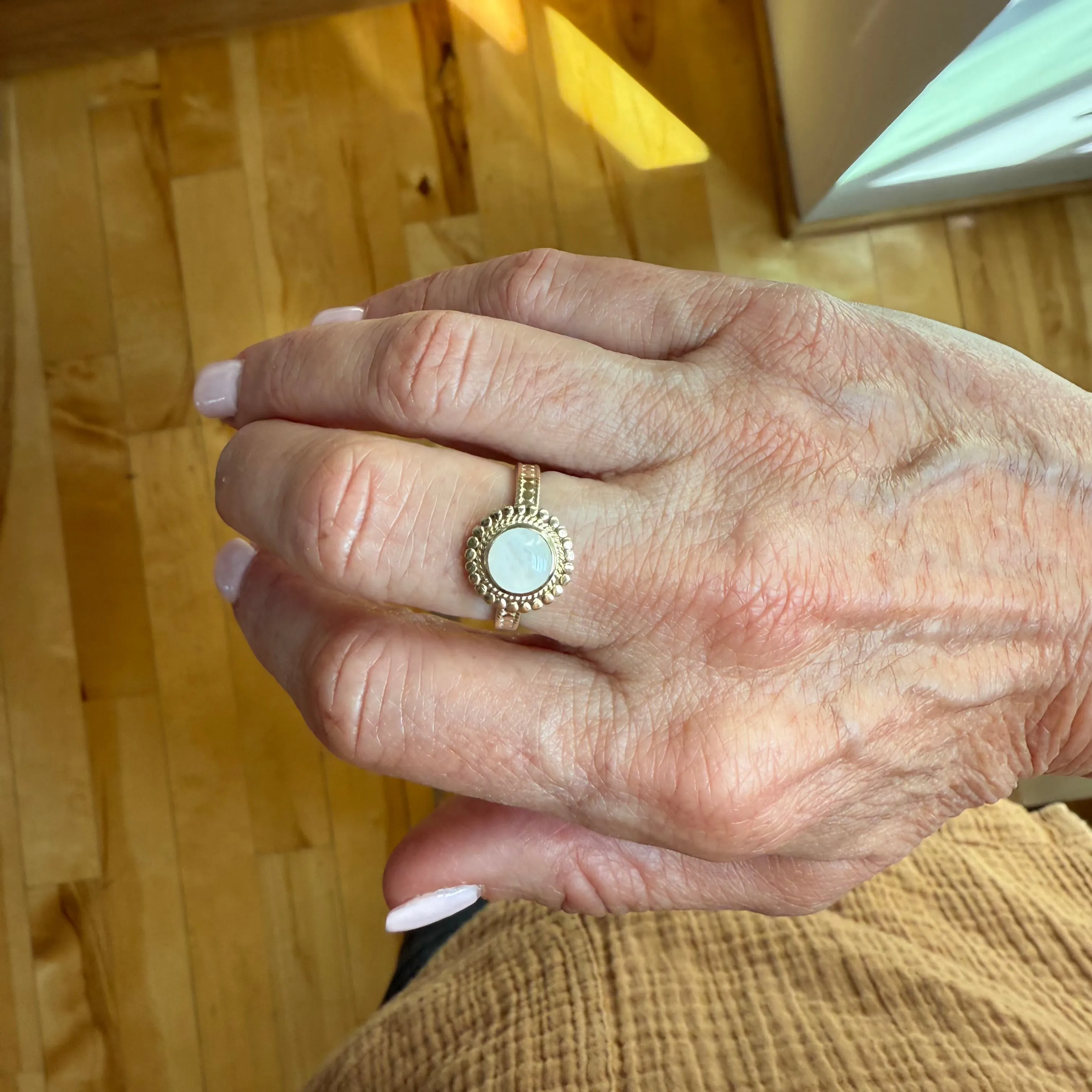 Rainbow Moonstone Floral Scalloped Stacking Ring sold by Anna Beck