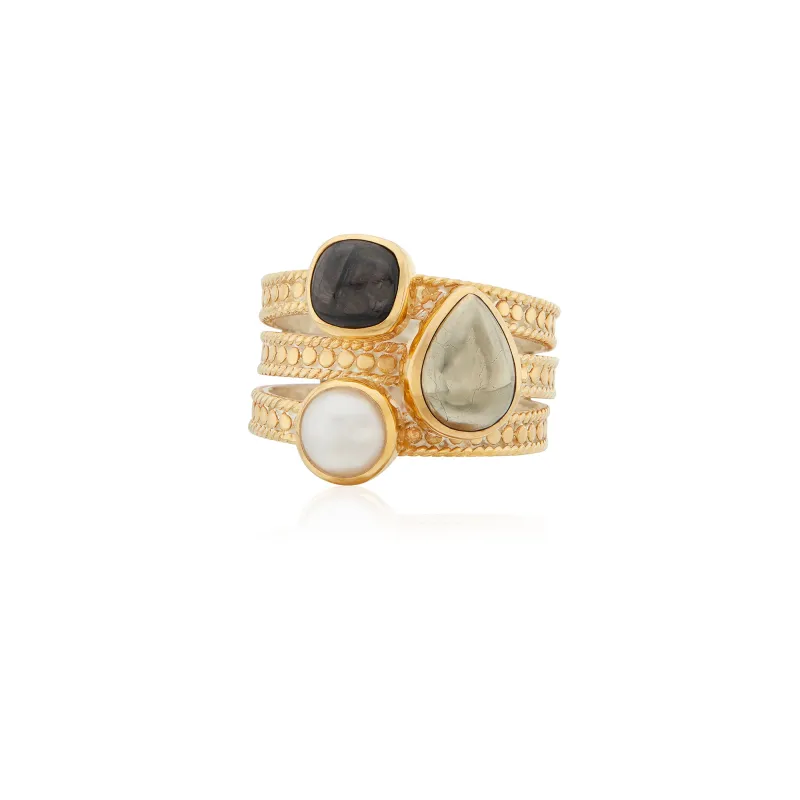 Hypersthene, Pyrite, and Pearl Faux Stacking Ring - Gold sold by Anna Beck
