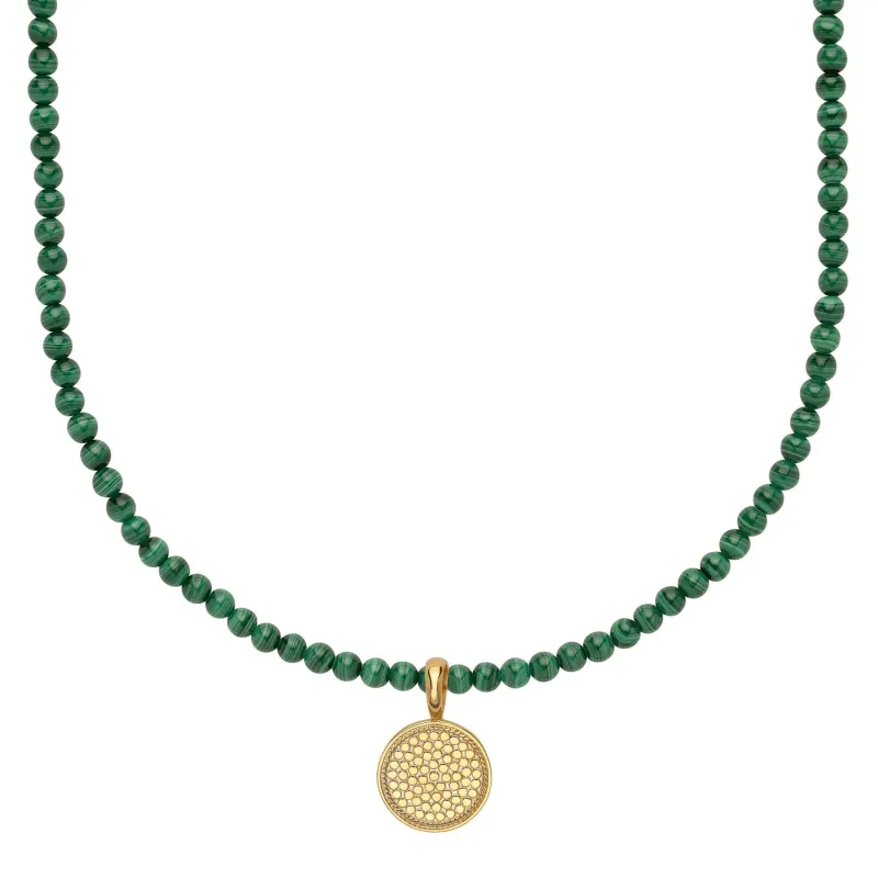 Malachite Beaded Necklace with Reversible Gold Removable Pendant, Engravable sold by Anna Beck
