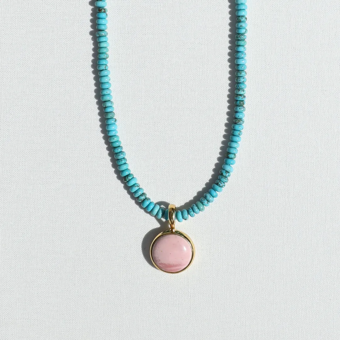 Turquoise Beads x Pink Opal Pendant Necklace sold by Anna Beck