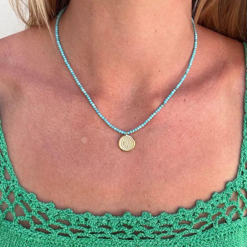 Turquoise Beaded & Gold Dotted Pendant Necklace I made by Anna Beck