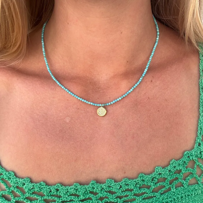 Turquoise Beaded & Gold Dotted Pendant Necklace H made by Anna Beck