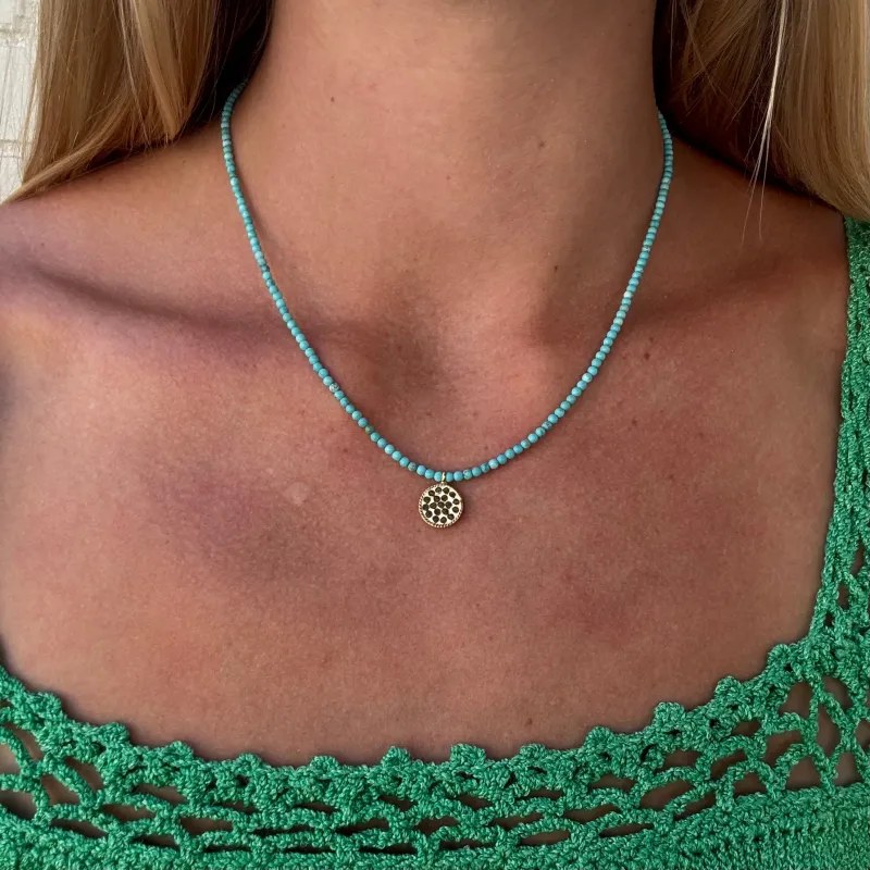 Turquoise Beaded & Gold Dotted Pendant Necklace G made by Anna Beck