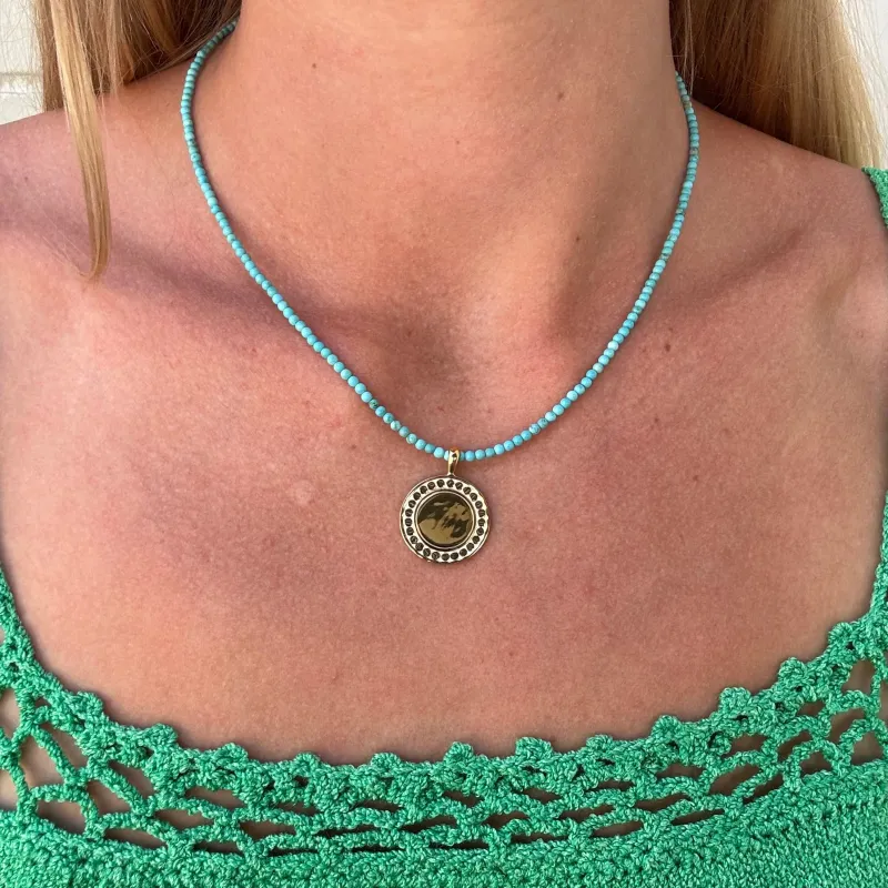 Turquoise Beaded & Gold Dotted Pendant Necklace A made by Anna Beck
