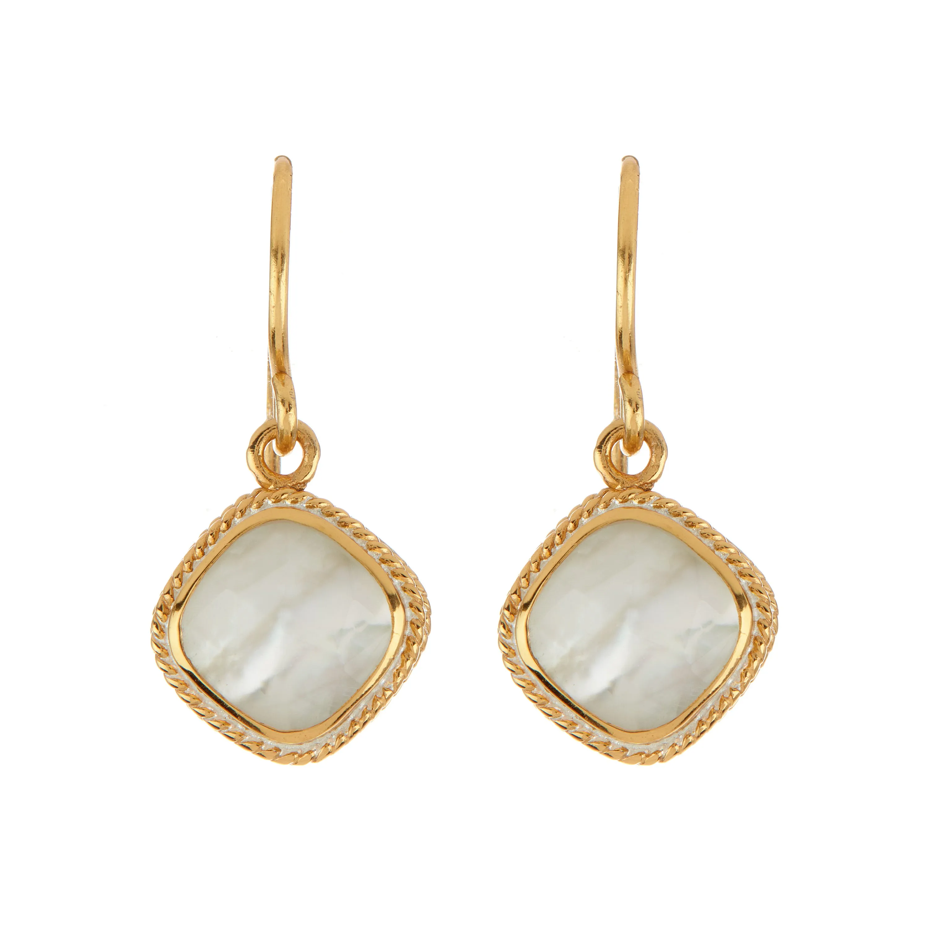 White Quartz and Mother of Pearl Cushion Drop Earrings sold by Anna Beck