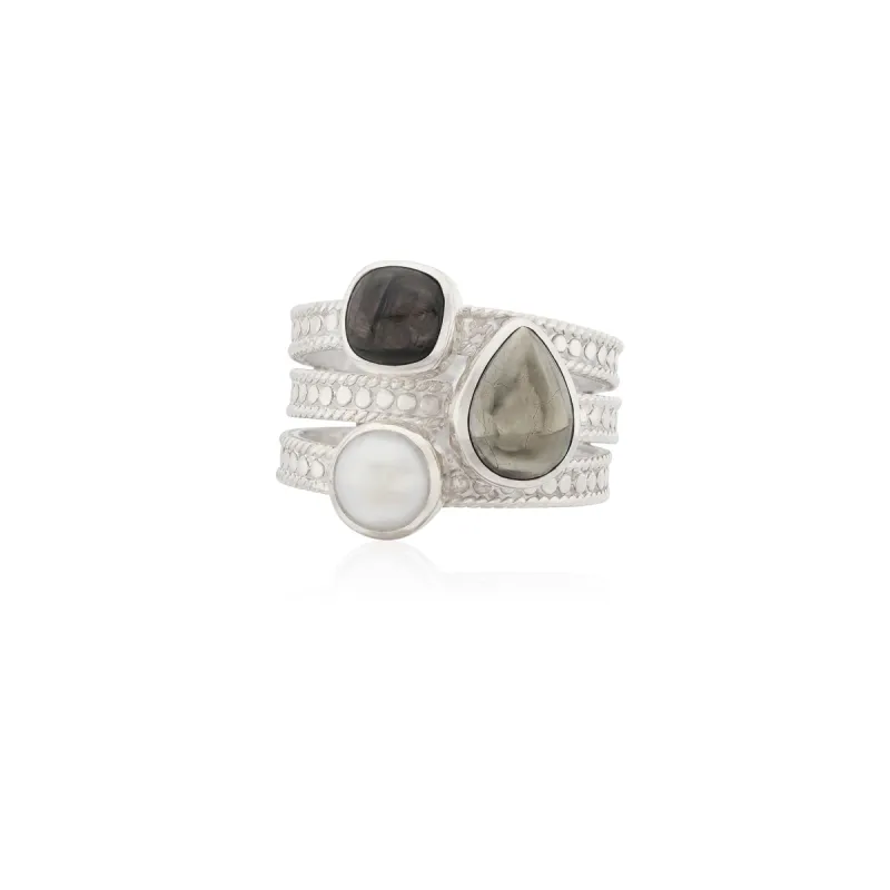 Hypersthene, Pyrite, and Pearl Faux Stacking Ring - Silver sold by Anna Beck