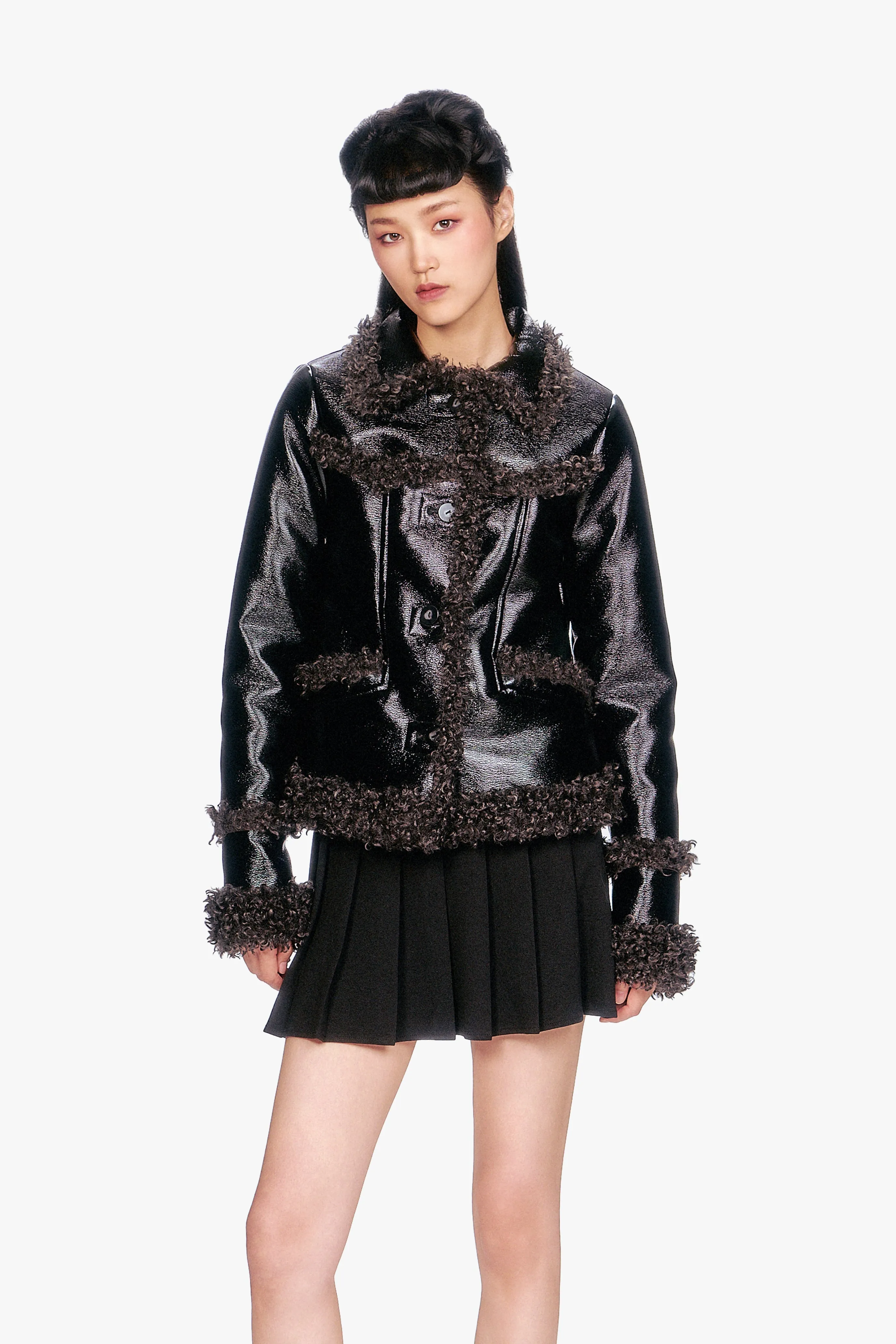 Faux Leather W/ Curly Lamb Trim Jacket sold by Anna Sui
