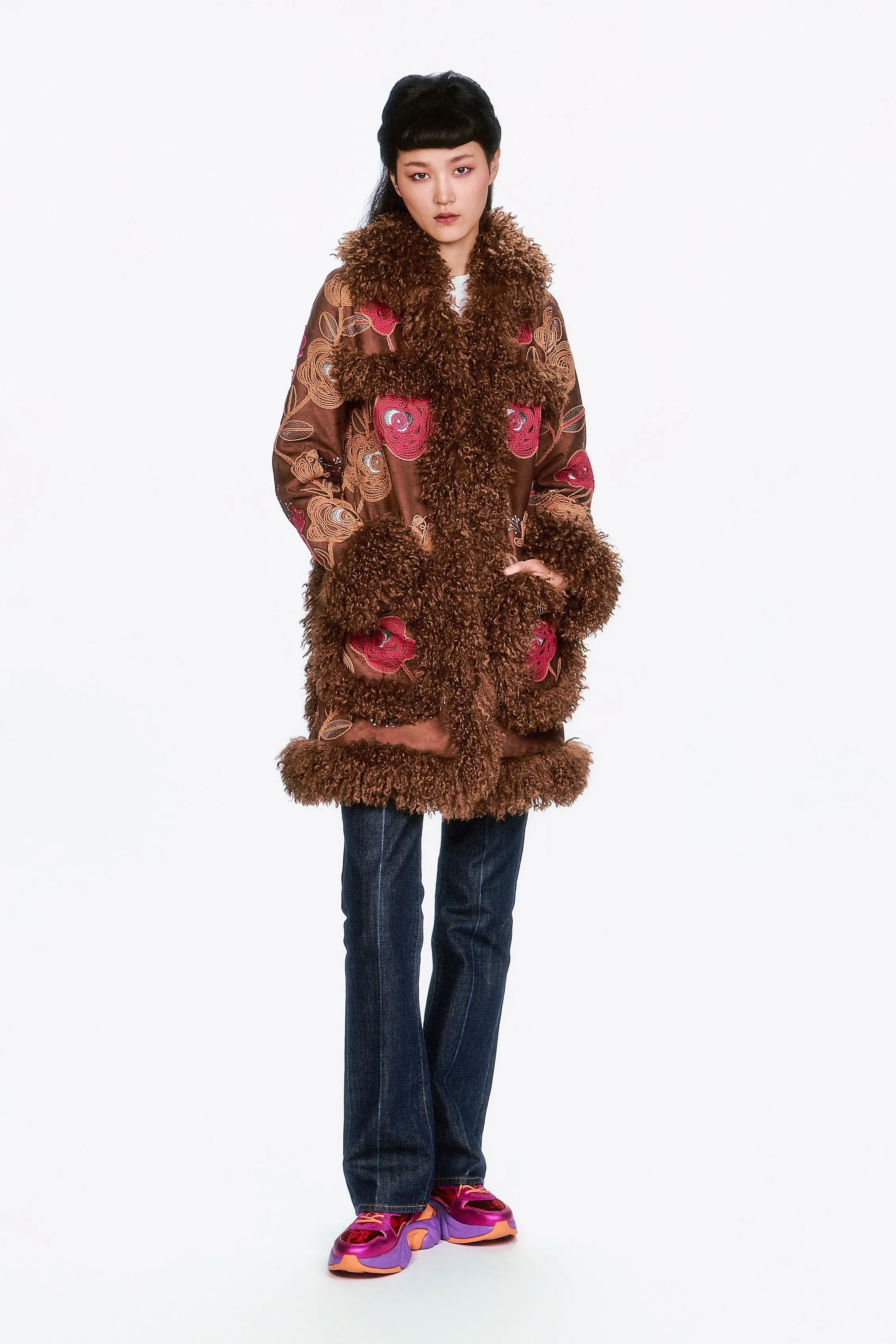 Poiret Rose Embroidered Faux Suede Faux Fur Trim Coat sold by Anna Sui product image thumbnail 3