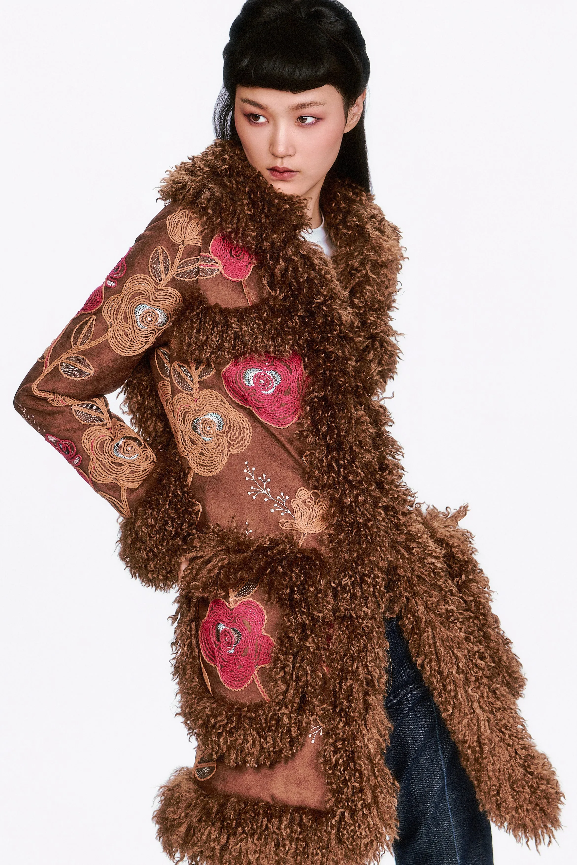 Poiret Rose Embroidered Faux Suede Faux Fur Trim Coat sold by Anna Sui product image thumbnail 2
