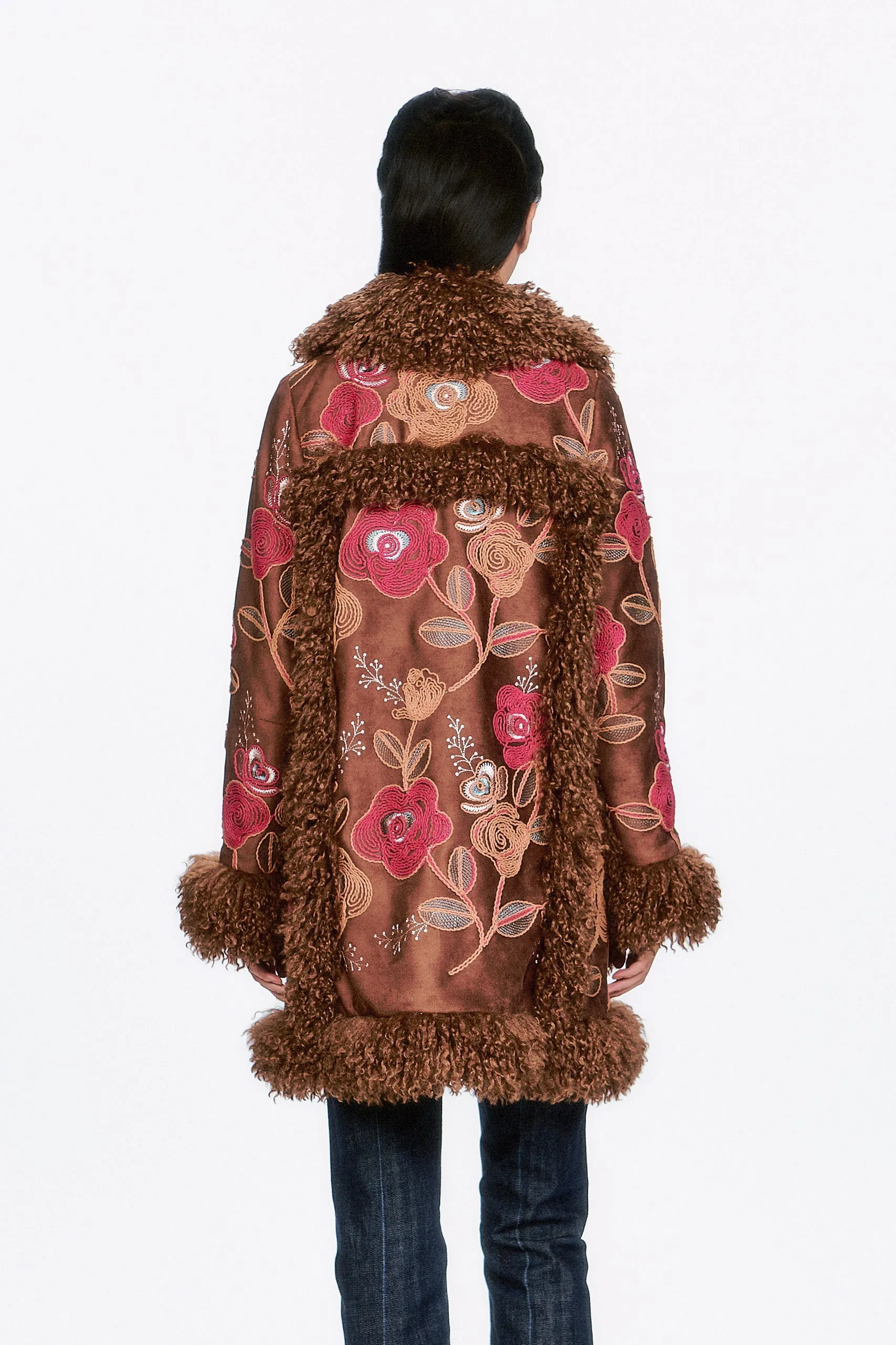 Poiret Rose Embroidered Faux Suede Faux Fur Trim Coat sold by Anna Sui product image thumbnail 5