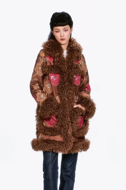 Poiret Rose Embroidered Faux Suede Faux Fur Trim Coat sold by Anna Sui