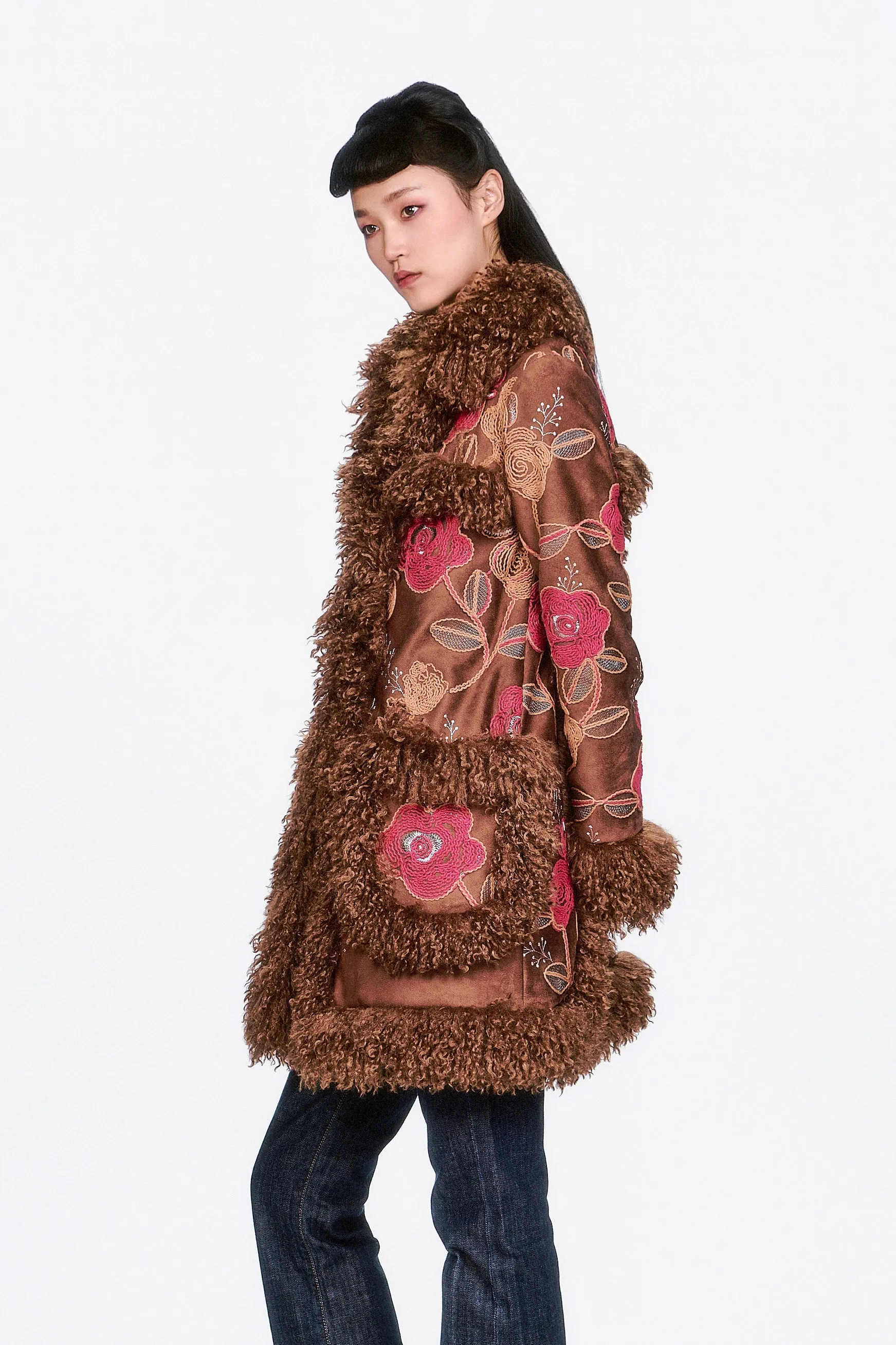 Poiret Rose Embroidered Faux Suede Faux Fur Trim Coat sold by Anna Sui product image thumbnail 4