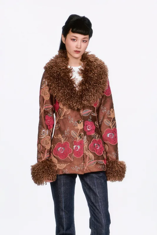 Poiret Rose Embroidered Faux Suede Faux Fur Trim Jacket made by Anna Sui