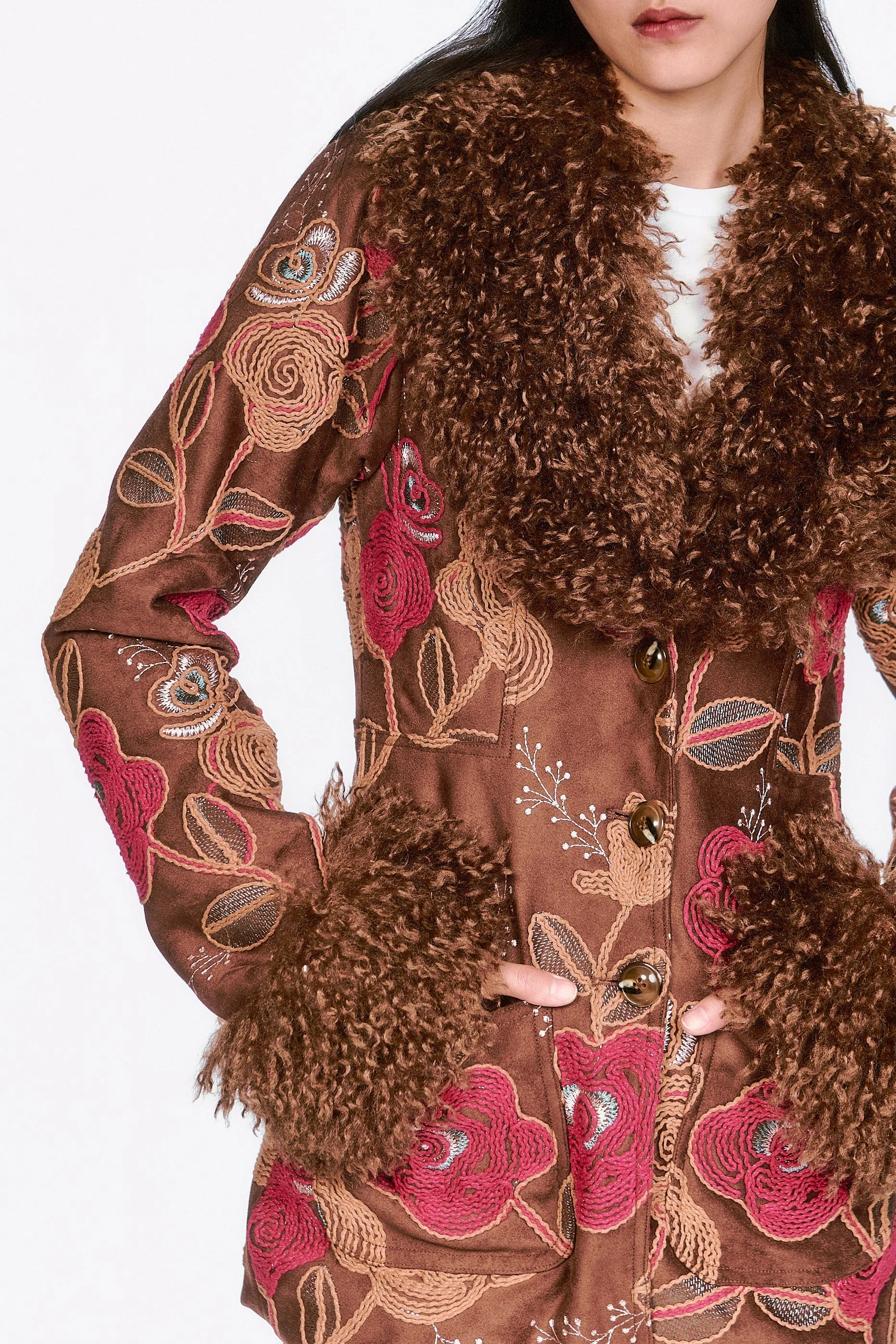 Poiret Rose Embroidered Faux Suede Faux Fur Trim Jacket sold by Anna Sui product image thumbnail 2