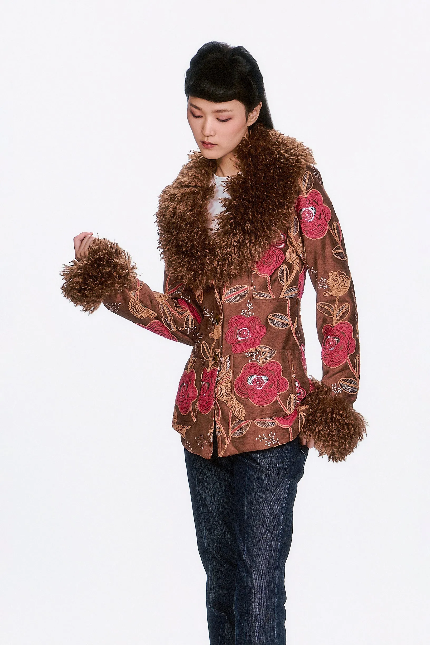 Poiret Rose Embroidered Faux Suede Faux Fur Trim Jacket sold by Anna Sui product image thumbnail 4