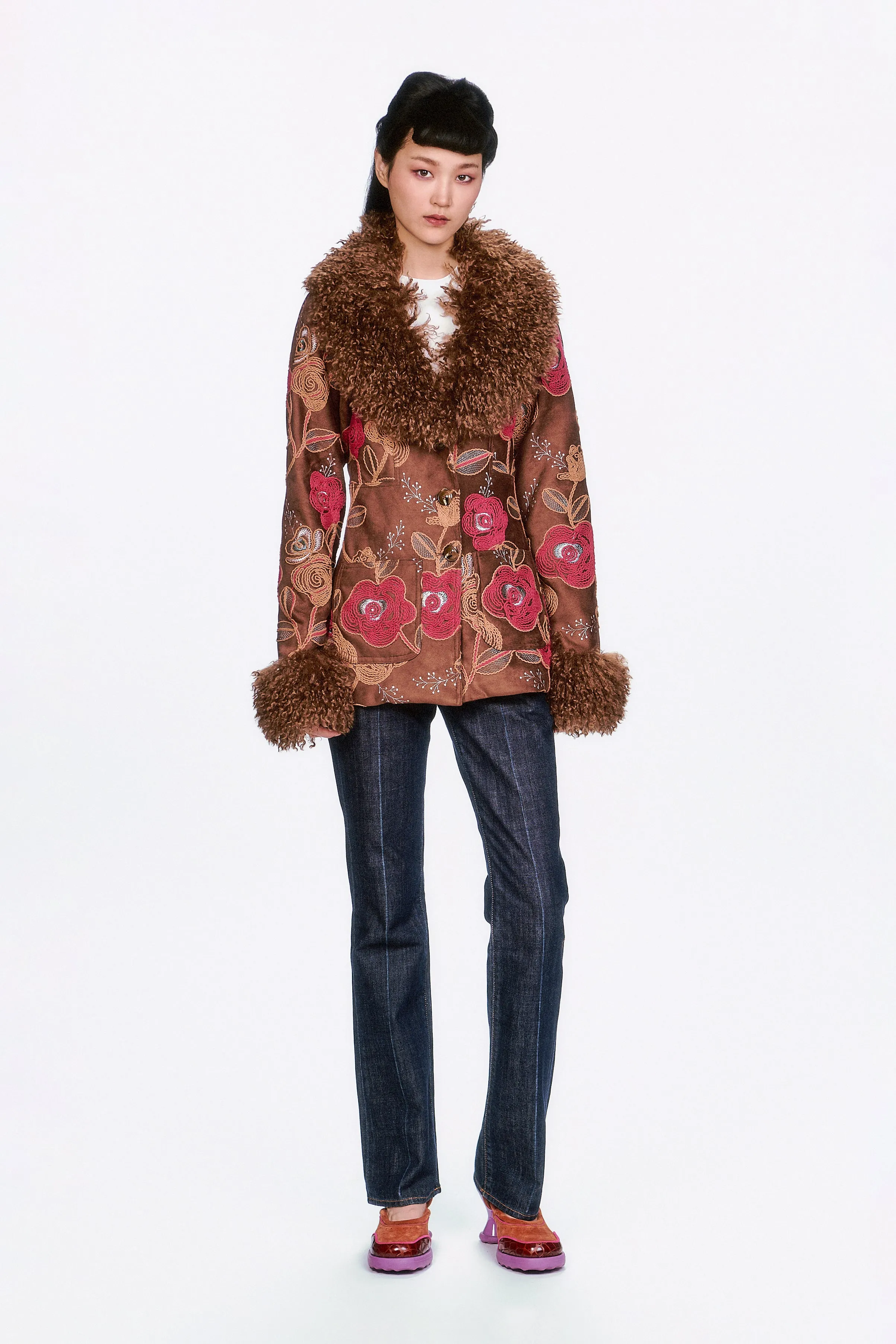 Poiret Rose Embroidered Faux Suede Faux Fur Trim Jacket sold by Anna Sui product image thumbnail 3