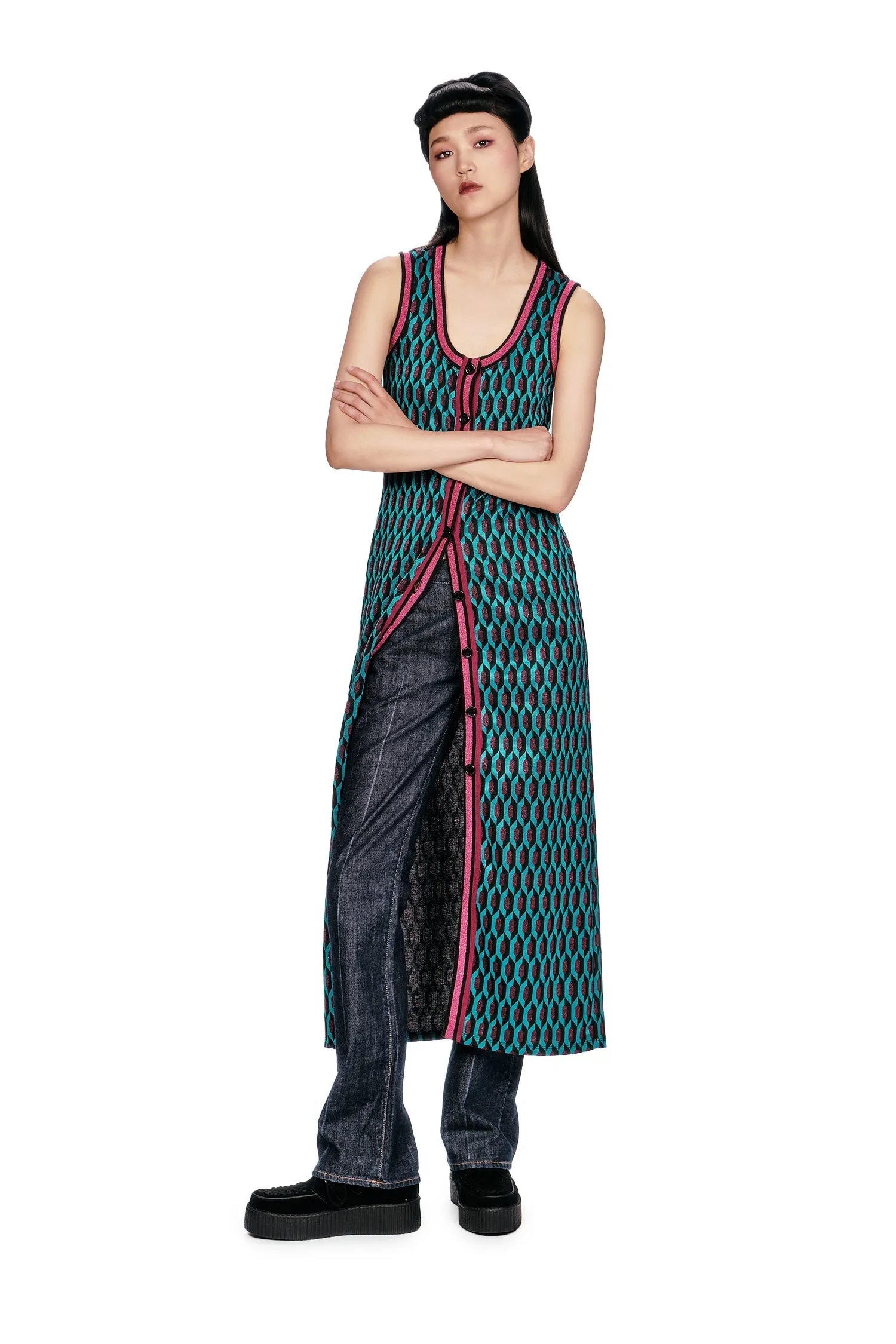 Glitter Geo Jacquard Long Vest sold by Anna Sui