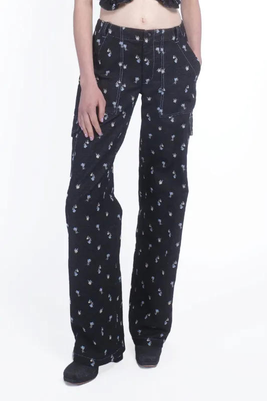 Denim Embroidered Roses Cargo Pants sold by Anna Sui