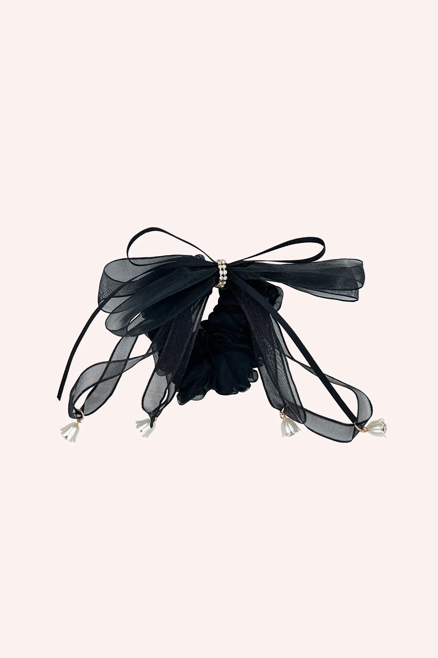 Black Mesh Bow Flower Embellished Scrunchie sold by Anna Sui