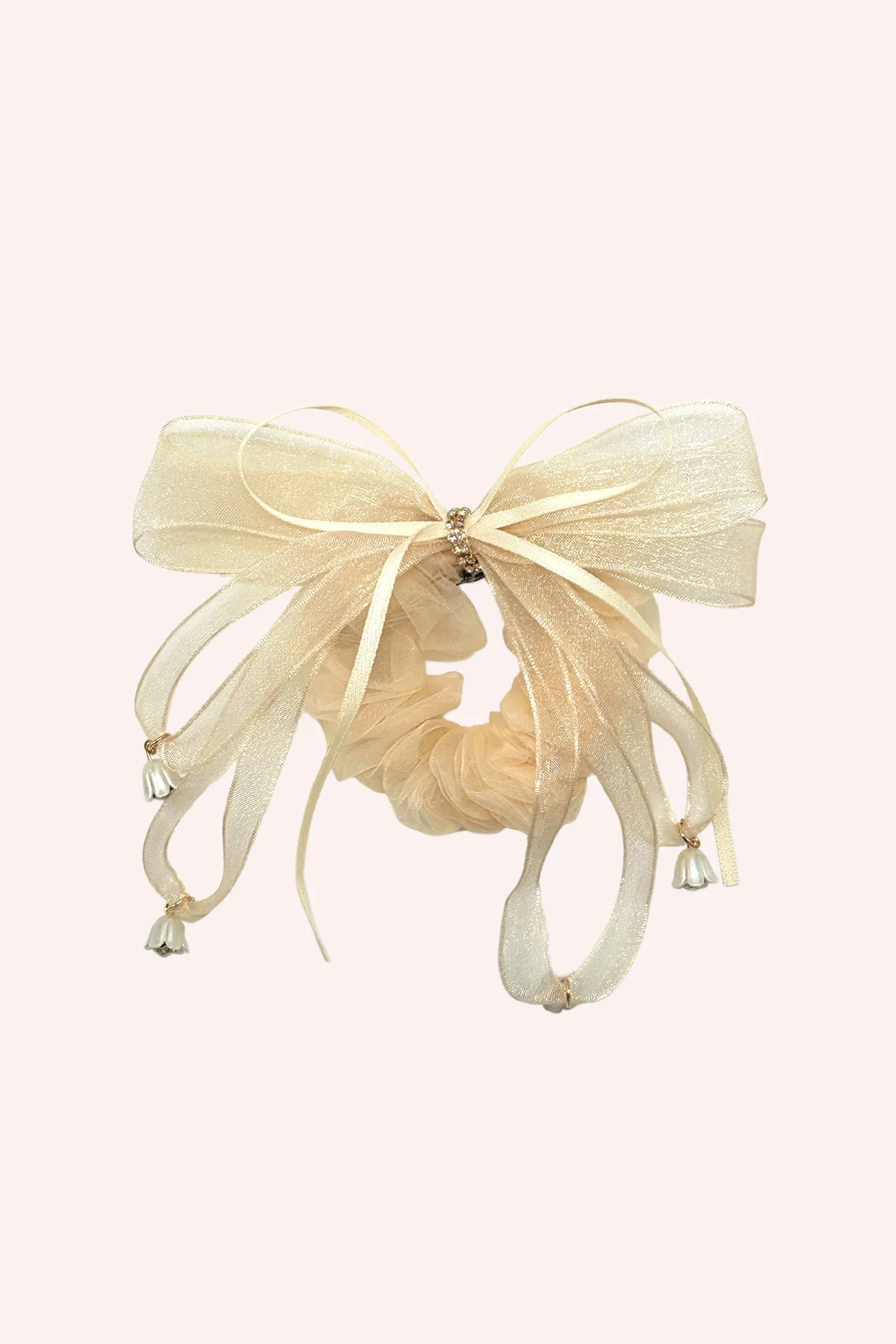 Nude Mesh Bow Flower Embellished Scrunchie sold by Anna Sui