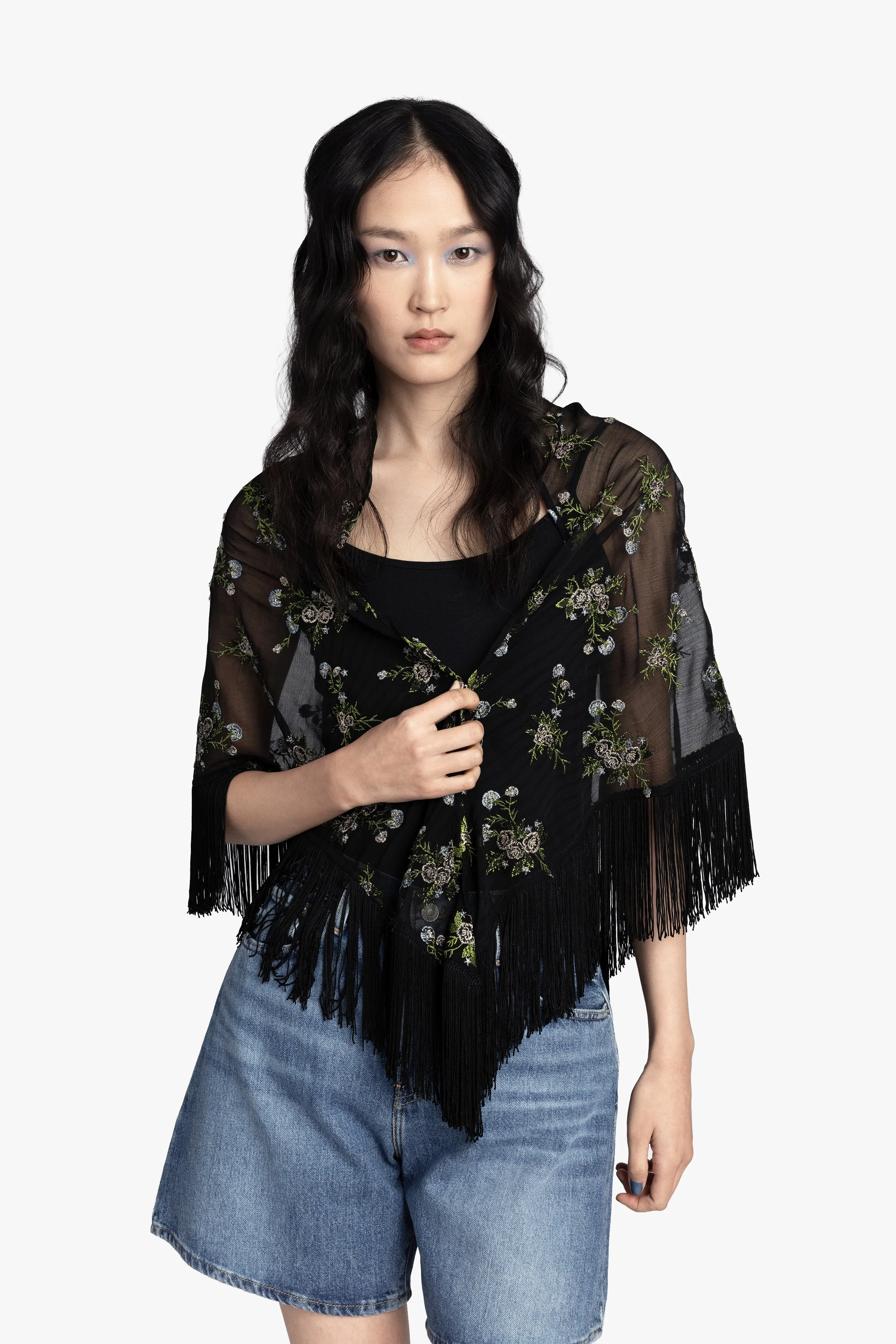 Bluebell Embroidered Chiffon Fringe Shawl sold by Anna Sui