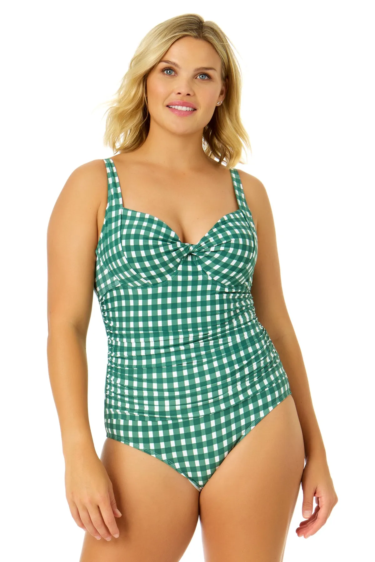 Women's Green Gingham Retro Twist Front Shirred One Piece Swimsuit sold by Anne Cole