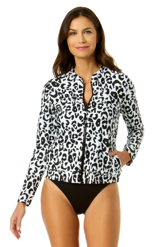 Women's Wild Cat Long Sleeve Zip Front Rash Guard Top sold by Anne Cole