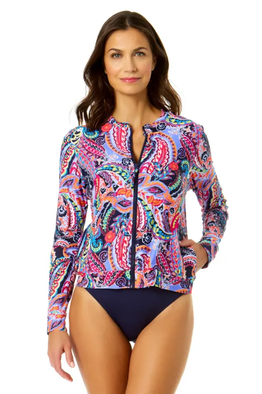 Women's Paisley Parade Long Sleeve Zip Front Rash Guard Top sold by Anne Cole