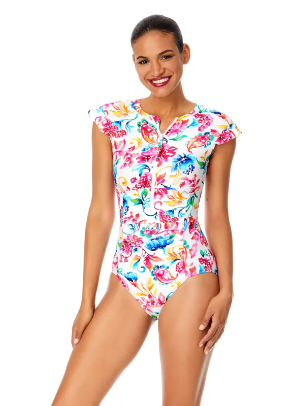 Women's Watercolor Paisley Flutter Sleeve Zip Up Rash Guard One Piece Swimsuit sold by Anne Cole