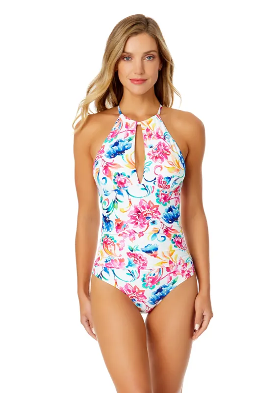 Women's Watercolor Paisley High Neck With Ruffled Straps One Piece Swimsuit sold by Anne Cole
