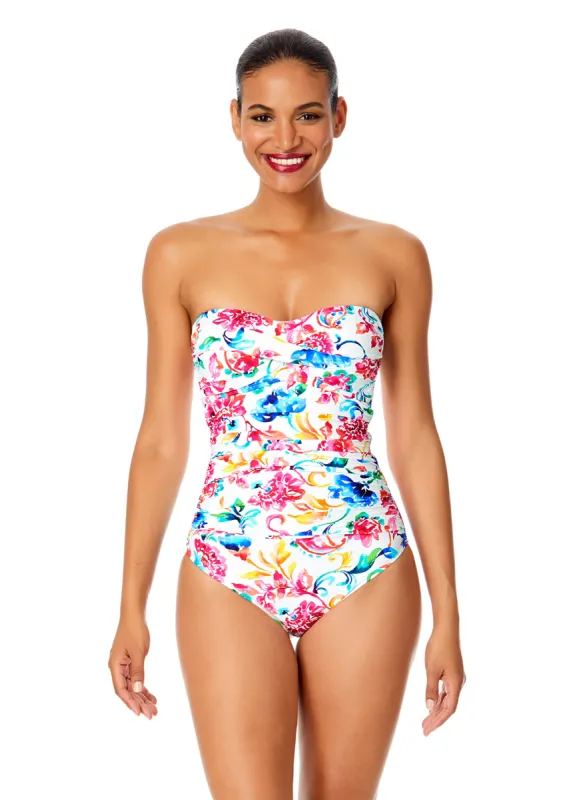 Women's Watercolor Paisley Twist Front Shirred One Piece Swimsuit sold by Anne Cole