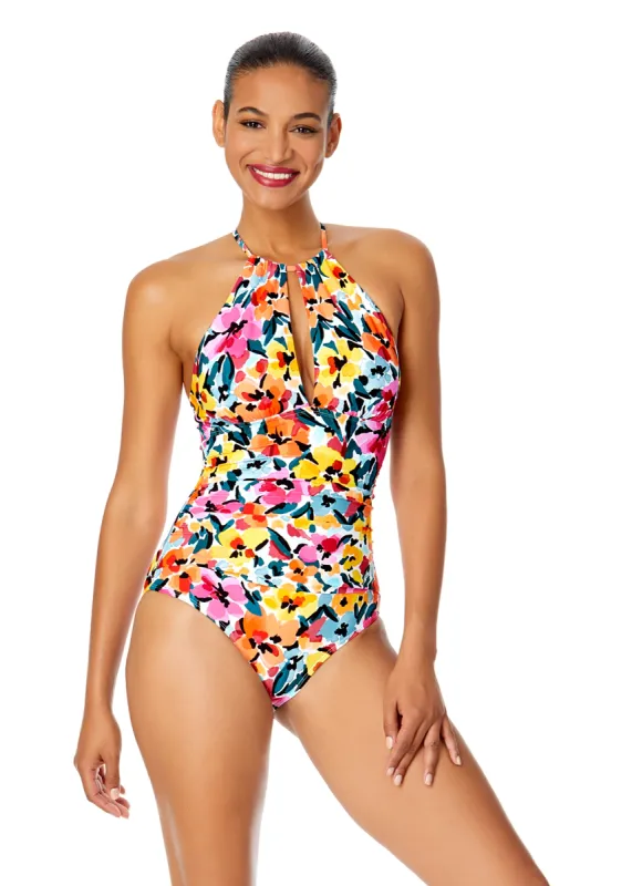 Women's Gradient Floral High Neck With Ruffled Straps One Piece Swimsuit sold by Anne Cole