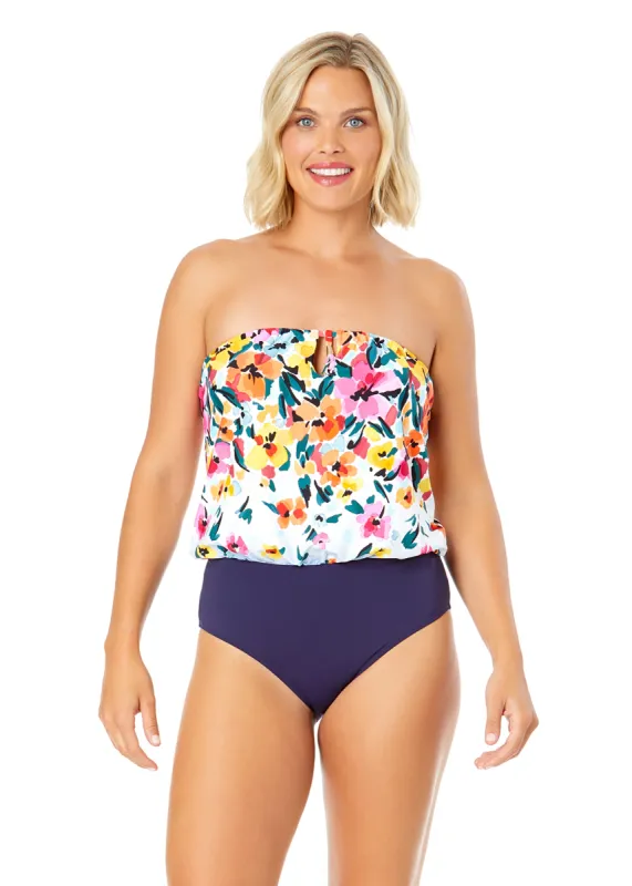 Women's Gradient Floral Strapless Blouson Keyhole One Piece Swimsuit sold by Anne Cole