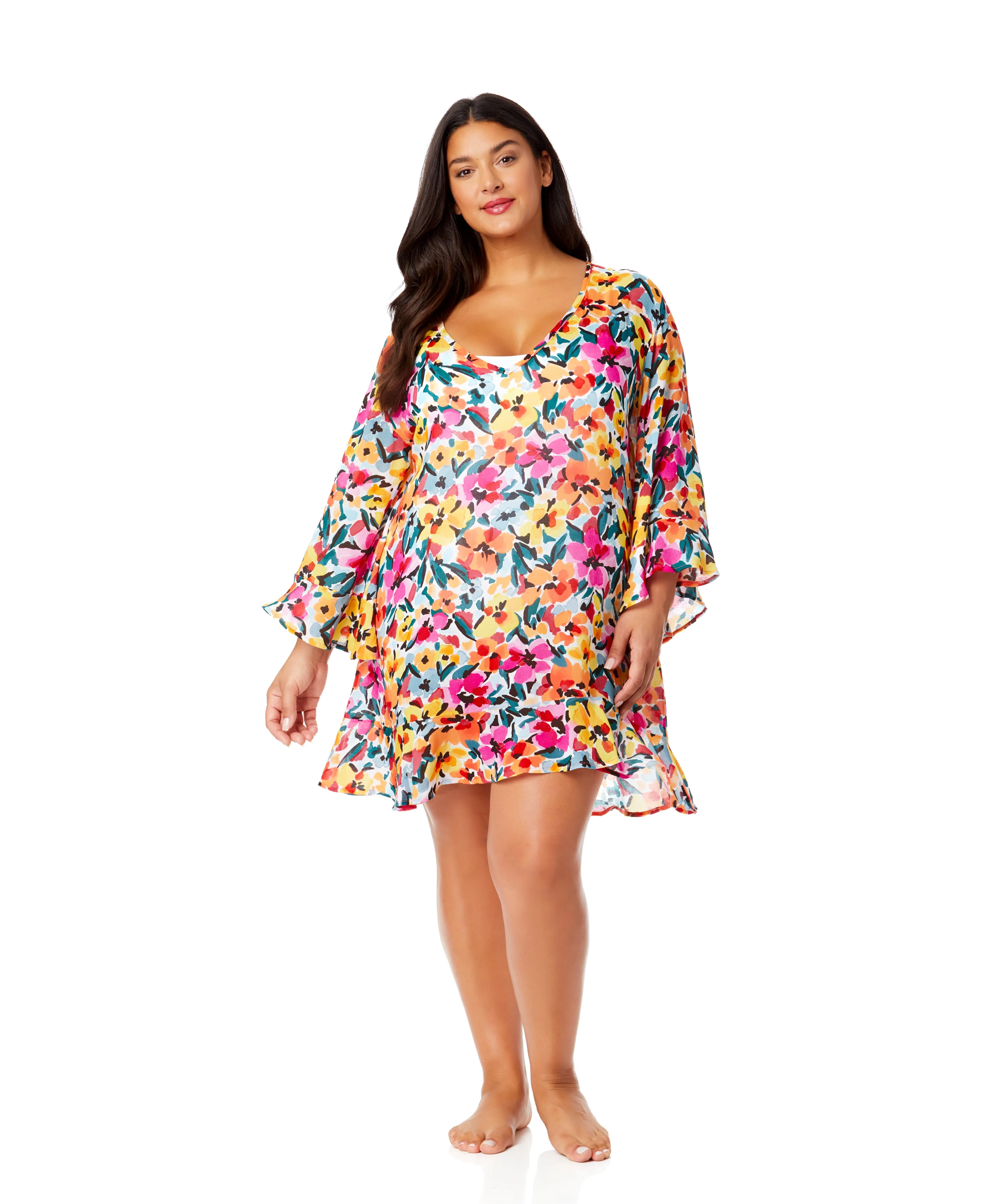Women's Plus Gradient Floral Flounce V Neck Tunic Swimsuit Cover Up sold by Anne Cole product image thumbnail 3