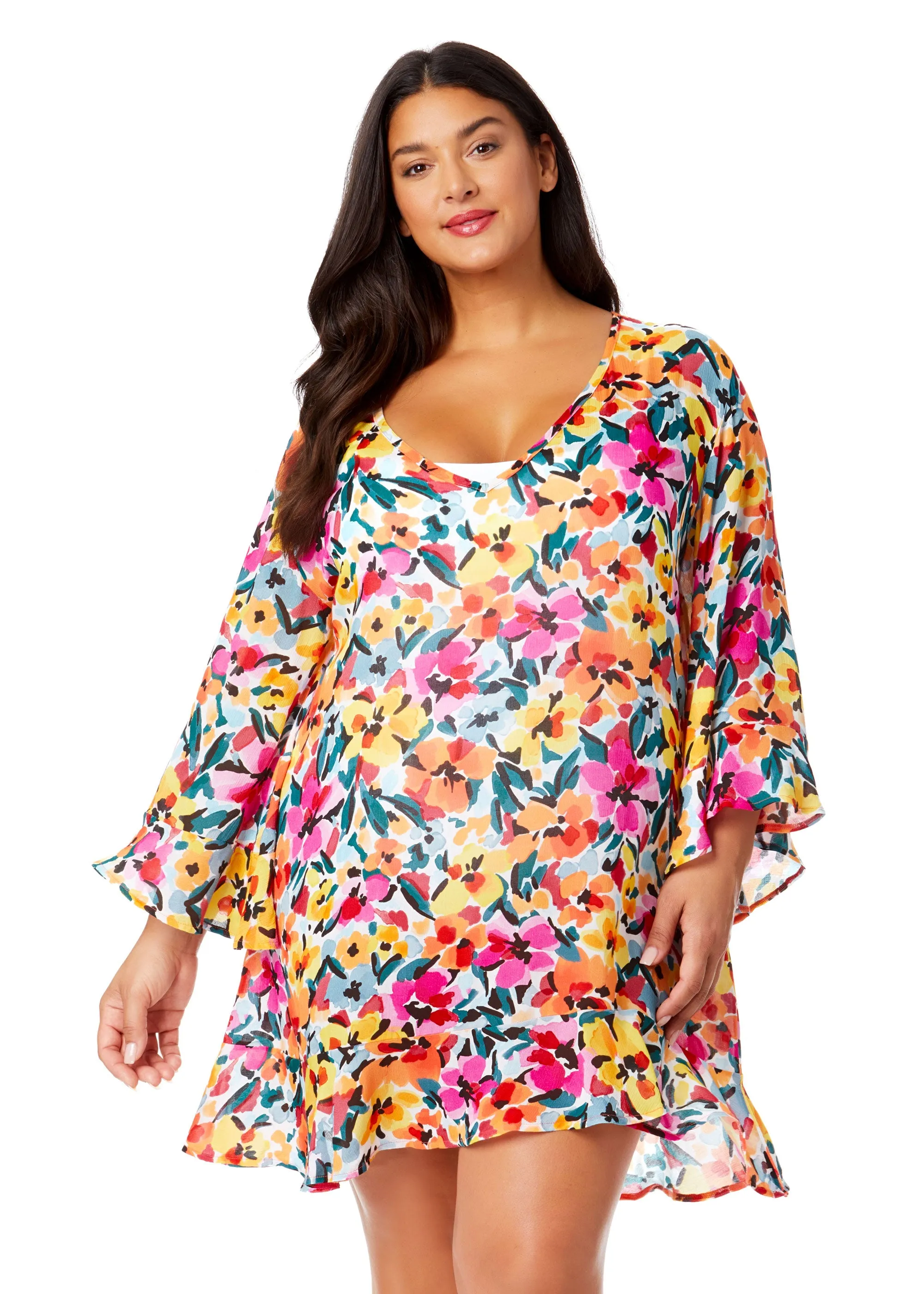 Women's Plus Gradient Floral Flounce V Neck Tunic Swimsuit Cover Up sold by Anne Cole