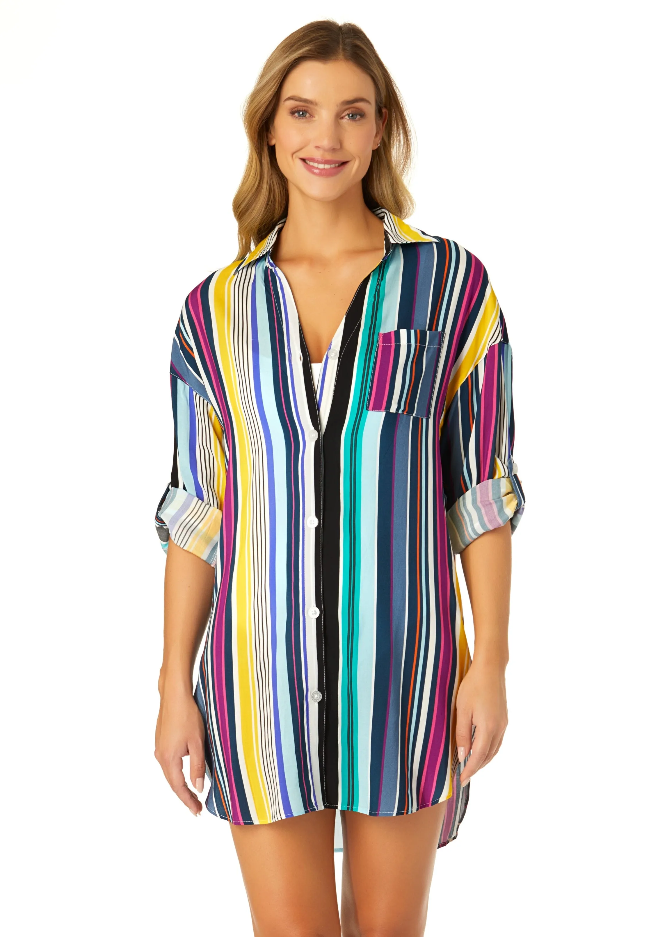 Women's Barcode Stripe Button Down Shirt Swimsuit Cover Up sold by Anne Cole