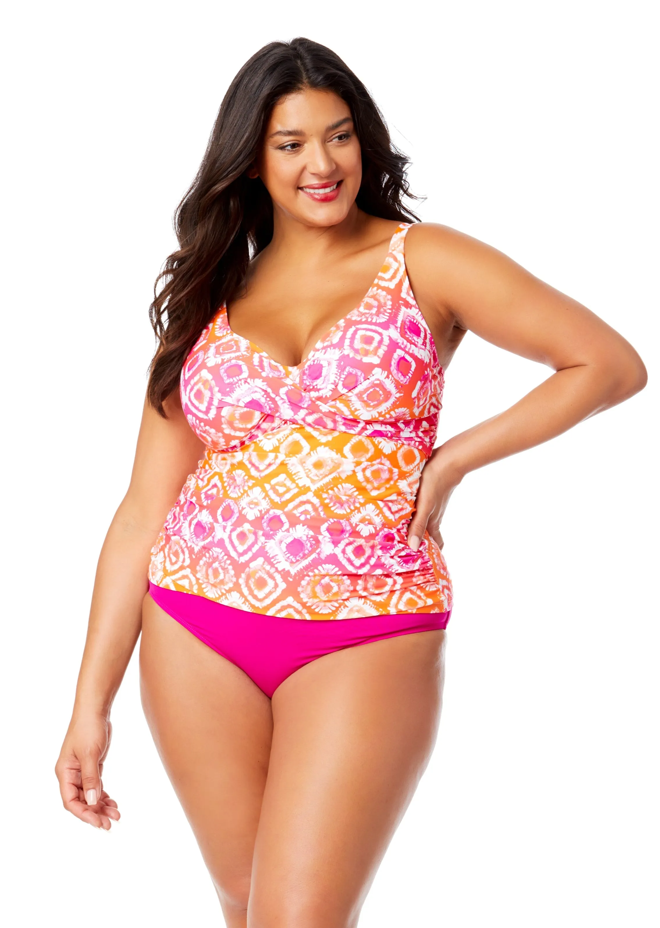 Women's Plus Tie Dye Foulard Hidden Underwire Drape Front Tankini Swim Top sold by Anne Cole