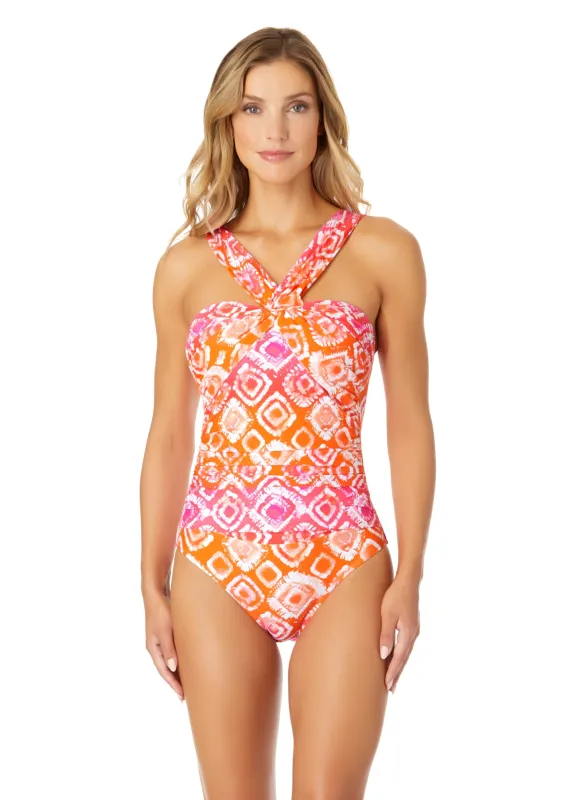 Women's Tie Dye Foulard Twist Shirred One Piece Swimsuit sold by Anne Cole