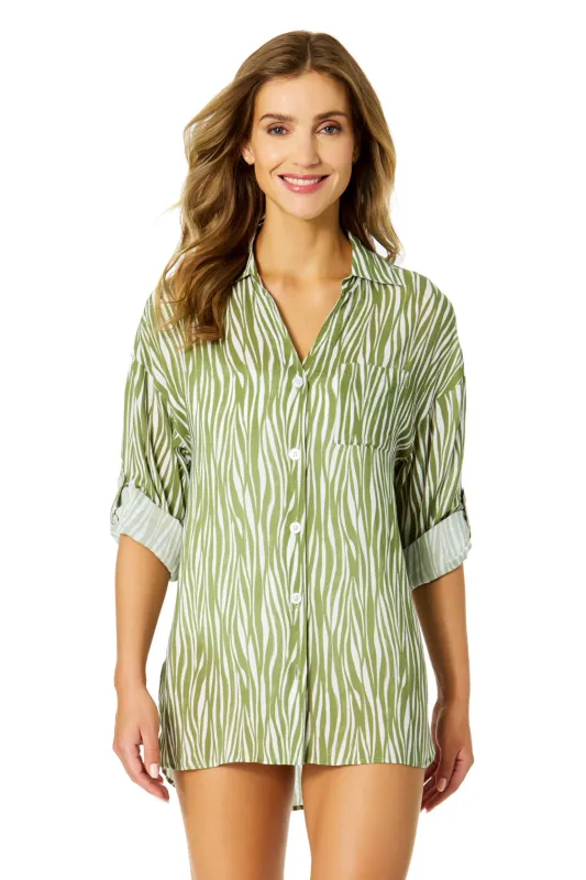 Women's Sierra Woodblock Button Down Shirt Swimsuit Cover Up sold by Anne Cole