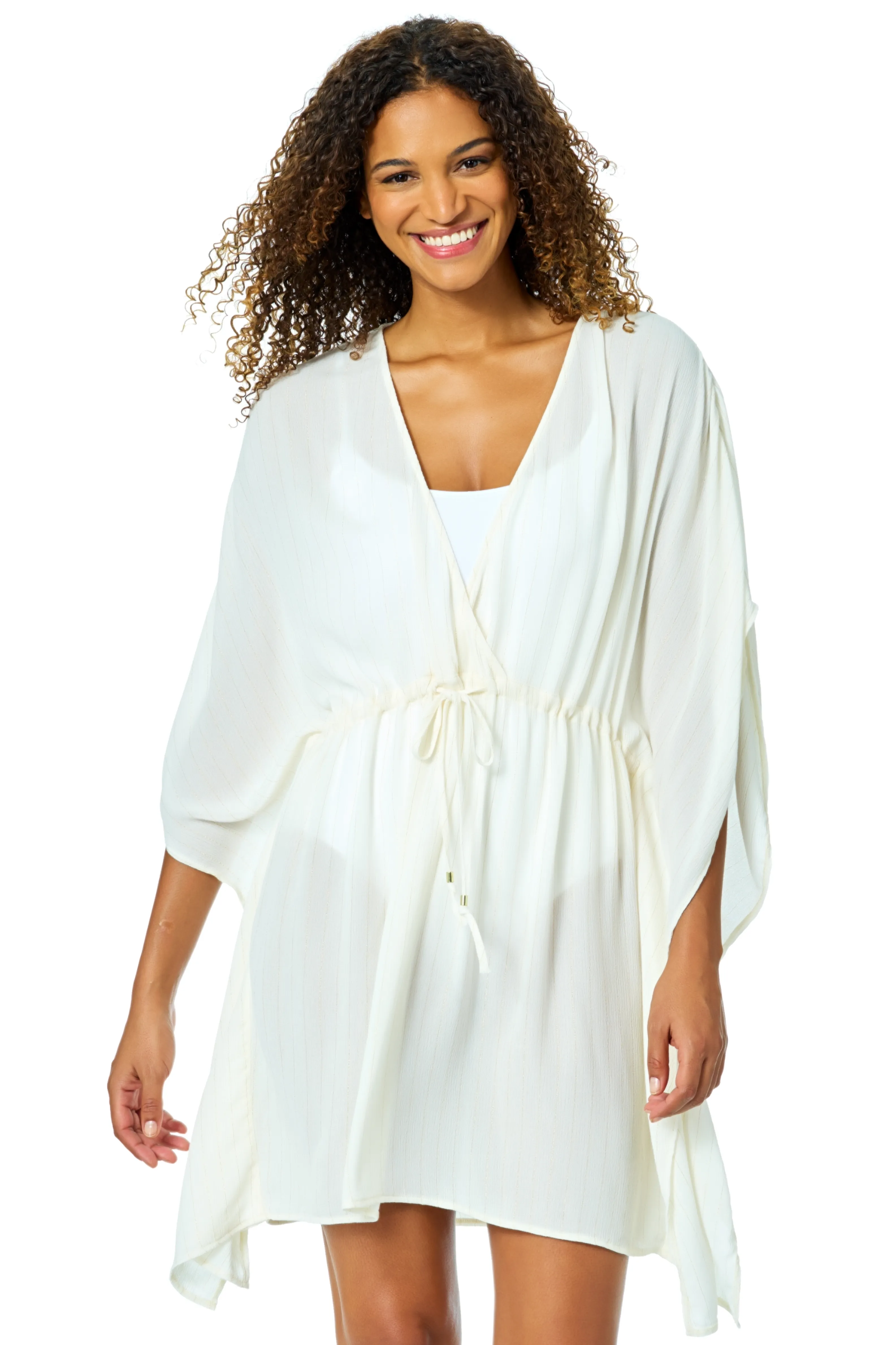 Women's White V Neck Kimono With Drawstring Waist Detail Cover Up sold by Anne Cole