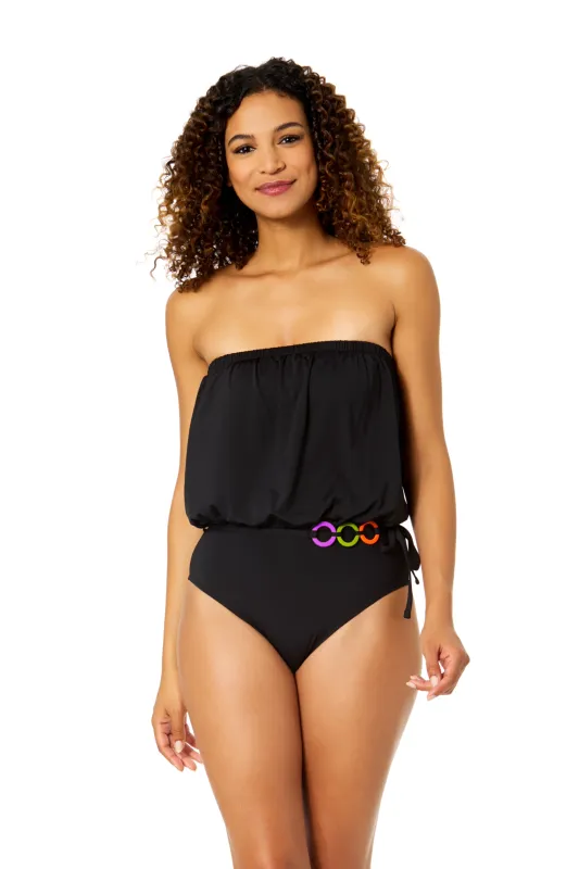 Women's Mod Tropical Black Strapless Belted Ring One Piece Swimsuit sold by Anne Cole