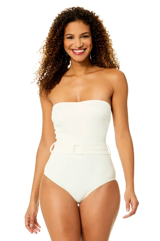 Women's Peruvian Crepe Light Ecru Strapless Belted One Piece Swimsuit made by Anne Cole